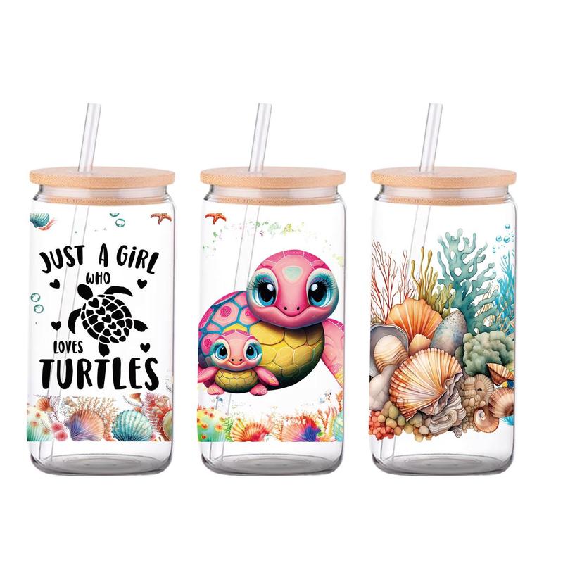 Sea Turtle Pattern Glass Can Wrap Stickers, 4 Counts set Self Adhesive UV DTF Transfers Sticker for DIY Water Bottle, Coffee Cup, Glass Jar, Waterproof Decorative Decals