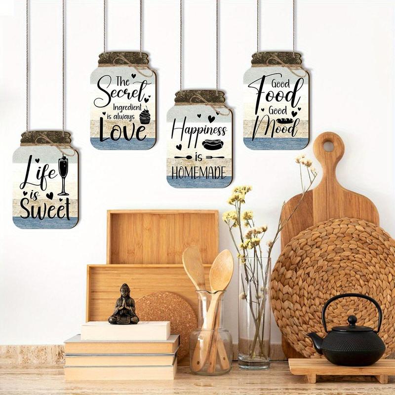 Mason Jar Design Wall Decor, 4 Counts set Letter & Food Pattern Wooden Hanging Sign, Wall Art Decor for Home Living Room Bedroom