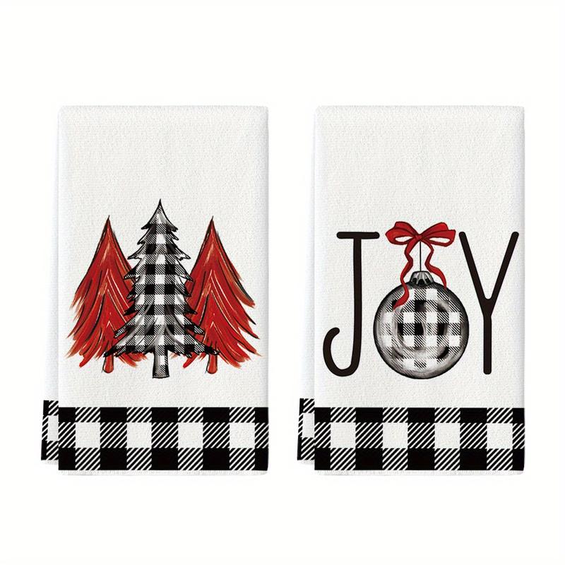 Buffalo Plaid Xmas Trees Joy Christmas Kitchen Towels Dish Towels, 18x26 Inch Seasonal Winter Room Funky Home Decoration Hand Towels Set of 2