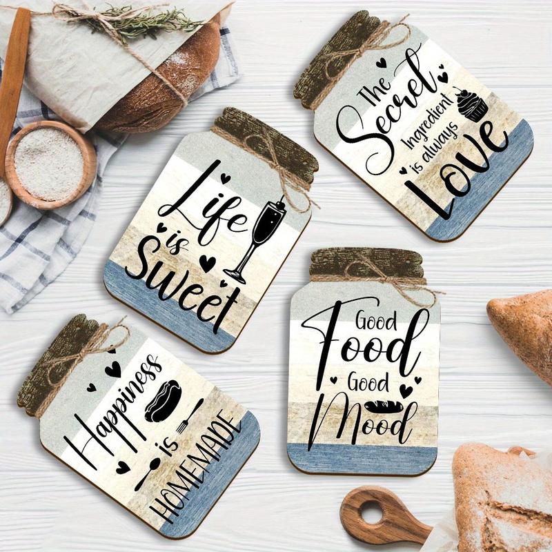 Mason Jar Design Wall Decor, 4 Counts set Letter & Food Pattern Wooden Hanging Sign, Wall Art Decor for Home Living Room Bedroom