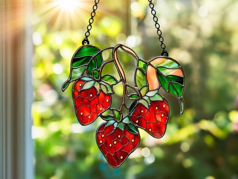 Faux Stained Glass Strawberry Suncatcher, Window Hanging Ornament with Leaves, Perfect Housewarming Gift, Floral Acrylic Decor