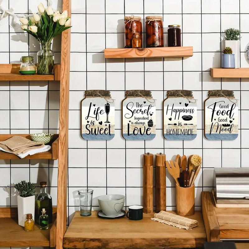 Mason Jar Design Wall Decor, 4 Counts set Letter & Food Pattern Wooden Hanging Sign, Wall Art Decor for Home Living Room Bedroom