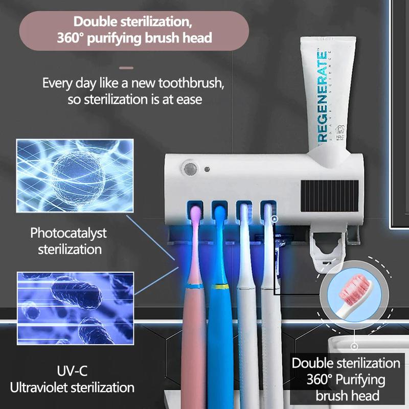 UV Light Sterilizer Toothbrush Holder with Automatic Toothpaste Dispenser and Additional Storage Hooks - White - Cover