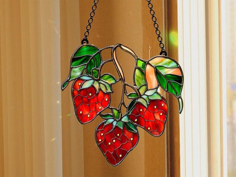 Faux Stained Glass Strawberry Suncatcher, Window Hanging Ornament with Leaves, Perfect Housewarming Gift, Floral Acrylic Decor