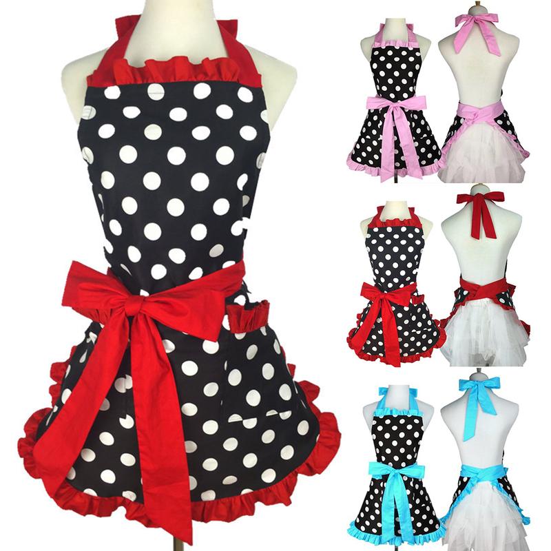 Cute Apron Retro Polka Dot Aprons Ruffle Side Vintage Cooking Aprons with Pockets Adjustable Kitchen Aprons for Women Girls Waitress Chef Mother's Day Gift(Red)