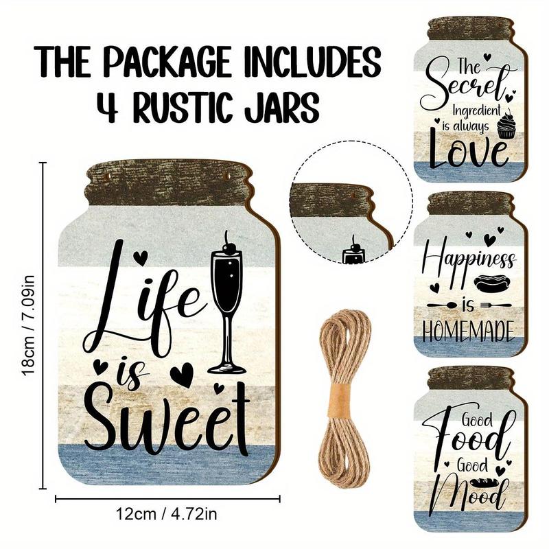 Mason Jar Design Wall Decor, 4 Counts set Letter & Food Pattern Wooden Hanging Sign, Wall Art Decor for Home Living Room Bedroom