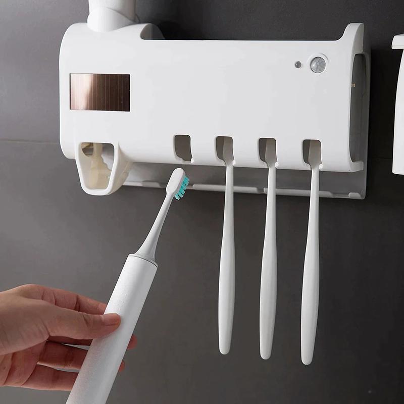 UV Light Sterilizer Toothbrush Holder with Automatic Toothpaste Dispenser and Additional Storage Hooks - White - Cover