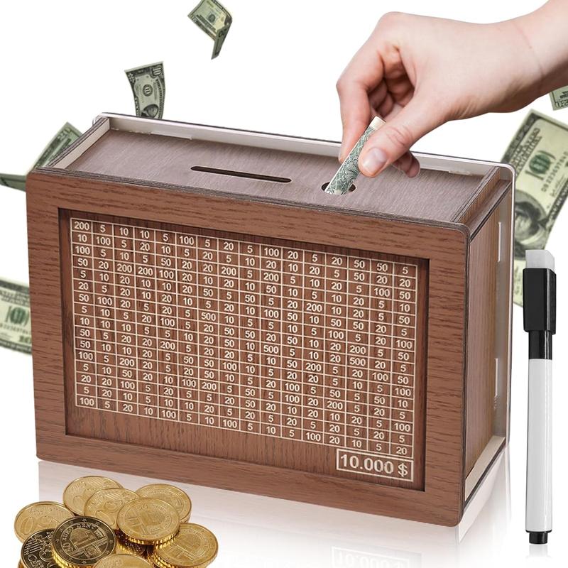 Cash Vault Wooden Savings Box, Wooden Cash Saver Money Box,Wooden Coin Bank for Boys and Girls, Adults Money Box with Counter for Savings Goal $10000 Best Gift for Friends