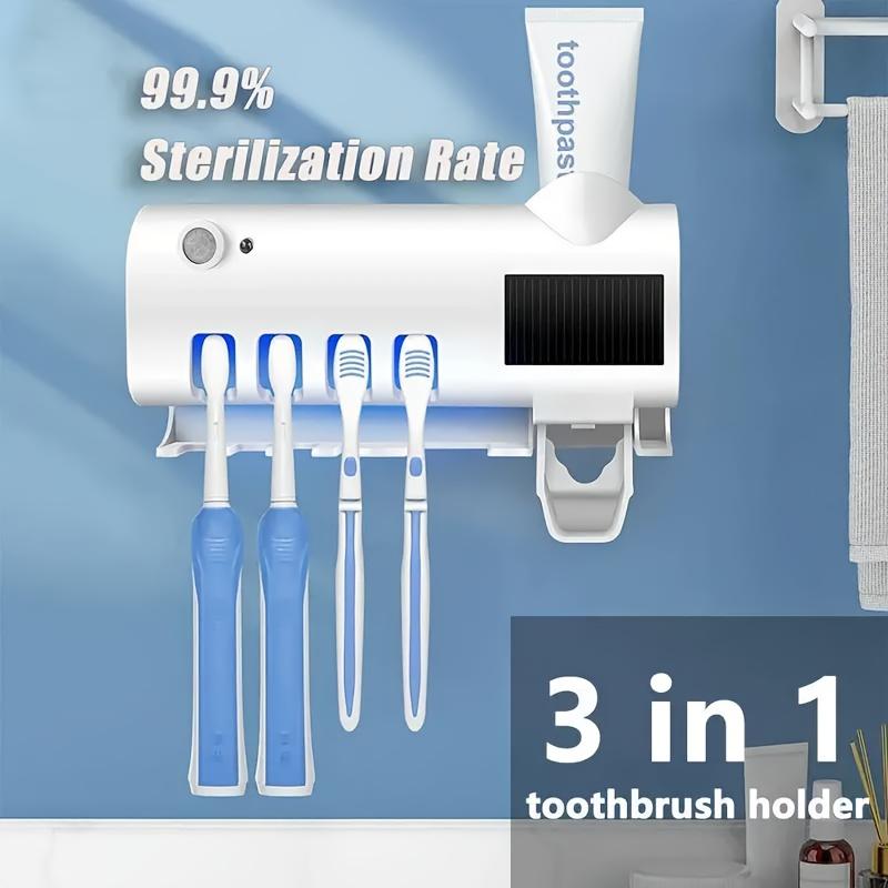 1 One Smart Ultraviolet Toothbrush Sterilizer, with Toothpaste Dispenser, Wall-Mounted 4-Slot Toothbrush Storage Rack, Solar Charging, 99.9% Disinfection Rate, Plastic Material, Built-in Lithium Battery USB Charging, Bathroom Accessories