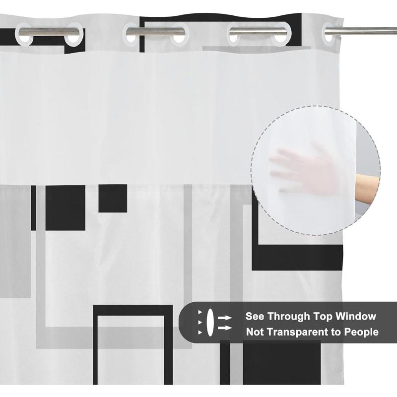 No Hook Shower Curtain with Snap in Liner Black White Geometric Shower Curtain and Liner Set Double Layers Waterproof Fabric and See-Through Top Window Bathroom Decorative 71x83inch Plastic Colorful Print