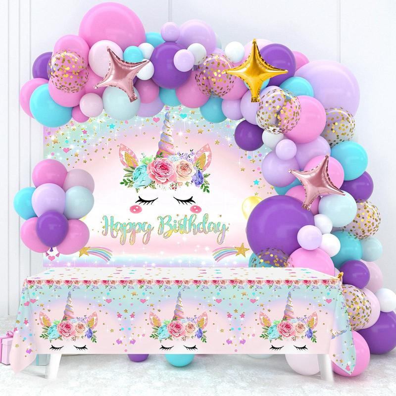 Unicorn Balloon Backdrop Tablecloth Set,118pcs Unicorn Theme Balloon Garland Arch Kit,Happy Unicorn Birthday Decoration,Girls Women Birthday Party Supplies Baby Shower Decor