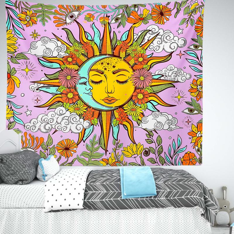 Christmas 2024 Ornament - Vibrant Sun & Moon Pattern Tapestry - Unique Wall Hanging for Living Room, Bedroom, Dormitory - Adds Bohemian Touch to Home Decor, Perfect for Nature Lovers Decoration