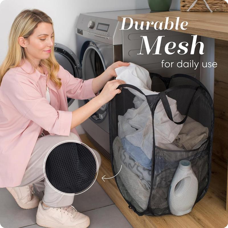 Clothes Storage Basket Handy Laundry Collapsible Mesh Pop Up Hamper with Wide Opening and Side Pocket – Breathable, Sturdy, Foldable, and Space-Saving Design for Clothes and Storage.