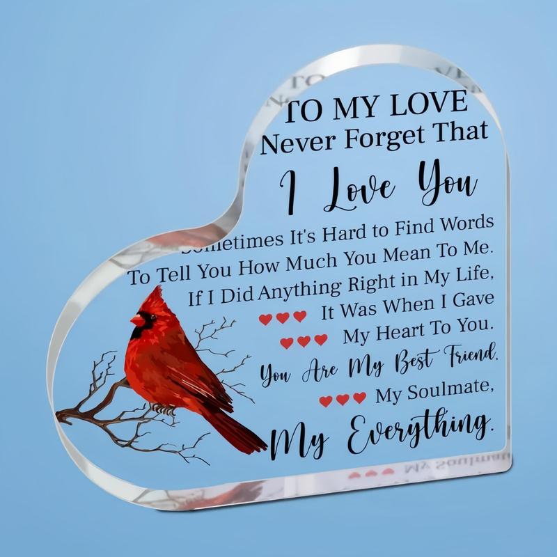 Romantic Acrylic Desktop Ornament, 1 Count Heart Shaped Bird & Letter Pattern Home Office Decoration, Gift for Boyfriend Girlfriend Husband Wife