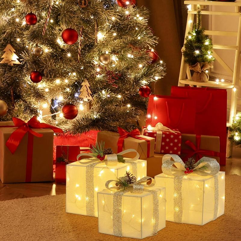 Battery Powered Christmas Present Box Decoration, 3 Counts set LED Light Up Present Box, Decorative Light for Indoor Outdoor Christmas Tree Decor