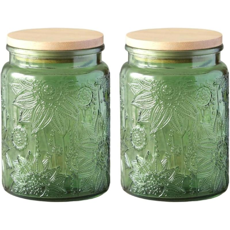 Set of 2 Glass Jars with Lids, 23.7 FL OZ Vintage Glass Storage Jars, Cookie Jar Sugar Container for Kitchen Counter, Pantry, Candy Jar with Lid (MIUVA, Green)