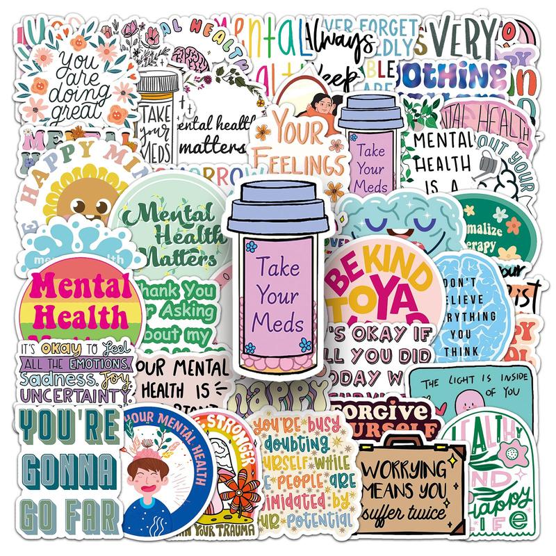 Mental Health Slogan Sticker, 50pcs set Waterproof Self Adhesive Decor Paper, Decor Sticker for Gift Greeting Card Water Bottle Laptop Phone