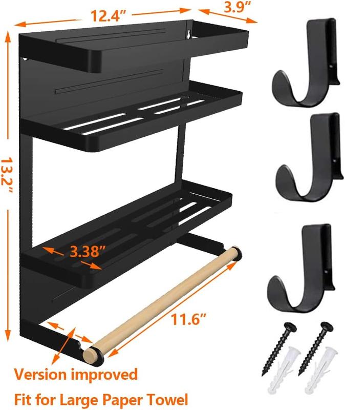 Magnetic Spice Rack for Refrigerator Magnetic Spice Rack with Paper Towel Holder with 2-Tier Shelf Spice Rack Strong Magnetic Backing with 3 Hooks for Kitchen Storage, Freezer,Grill Silver