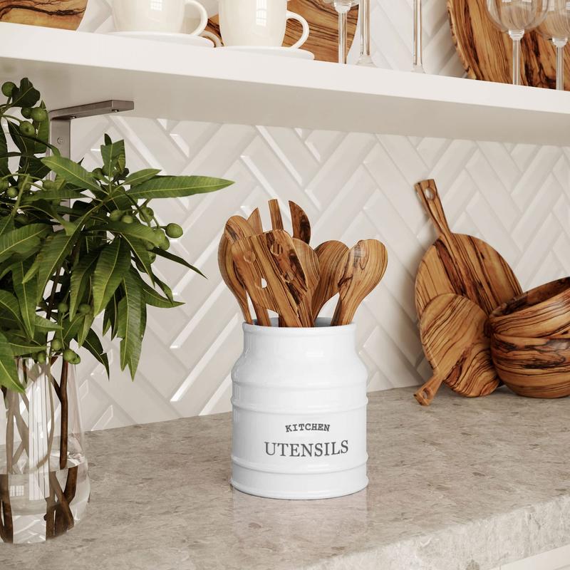 Ceramic Farmhouse Utensil Holder for Kitchen Counter Organiser Racks (White)