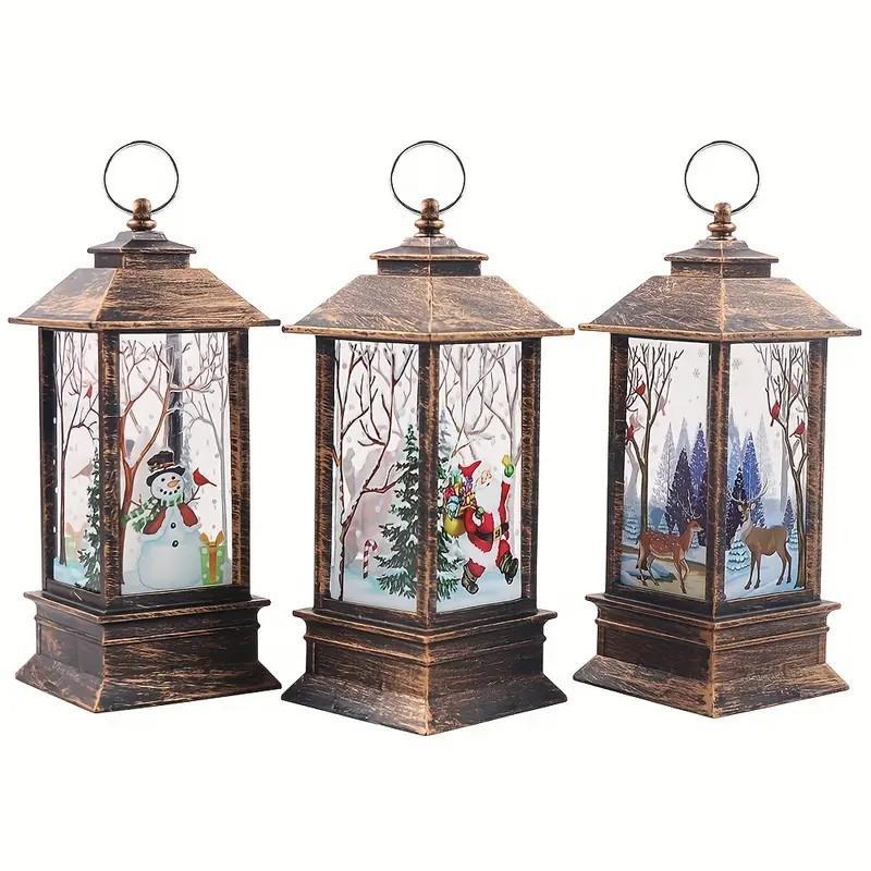 Christmas Themed Lantern (3 Counts set), Battery Powered Rotating Twinkling Lantern, Tabletop Decoration for Home Party Festival