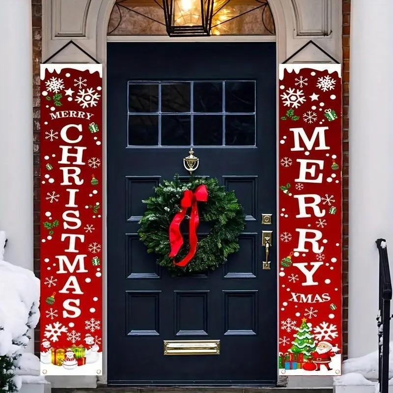 Christmas Themed Door Banner, 2 Counts set Merry Christmas Door Hanging Banner, Outdoor & Indoor Decoration for Front Porch, Patio, Garage & Home