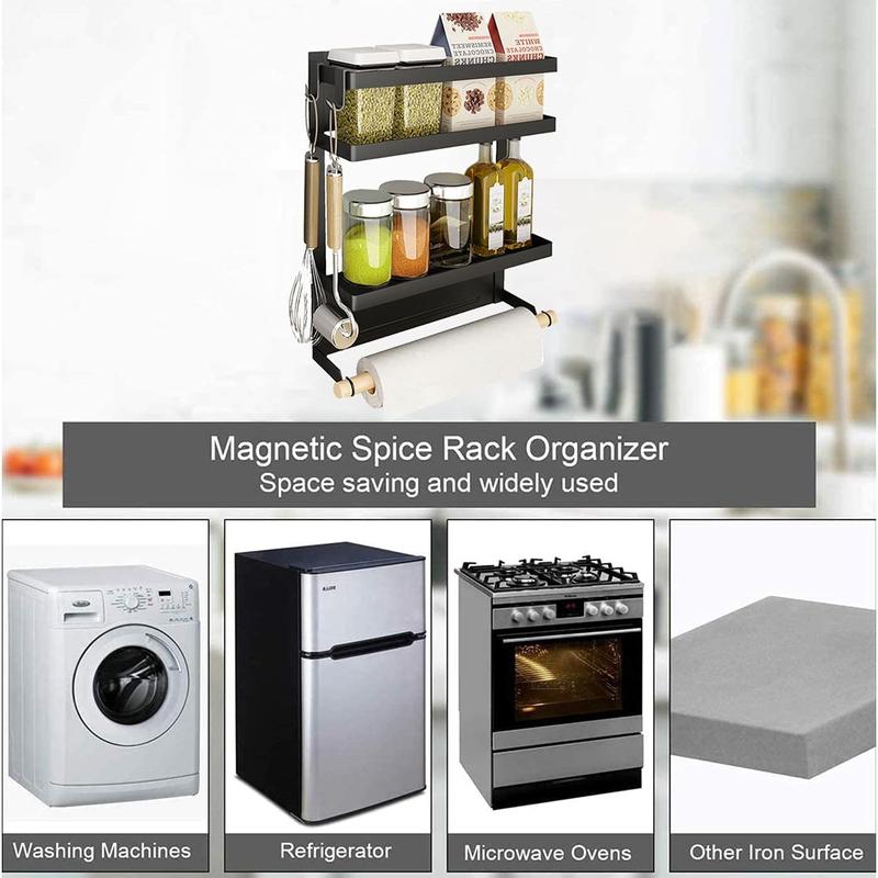 Magnetic Spice Rack for Refrigerator Magnetic Spice Rack with Paper Towel Holder with 2-Tier Shelf Spice Rack Strong Magnetic Backing with 3 Hooks for Kitchen Storage, Freezer,Grill Silver