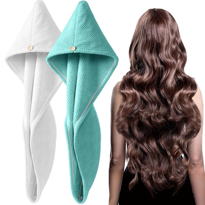 2 Pack Large Microfiber Hair Towel Wrap for Women, Thicken Super Absorbent Quick Dry Hair Turban for Drying Curly Long Thick Hair Anti Frizz, Hair Drying Towel with Button for Wet Hair