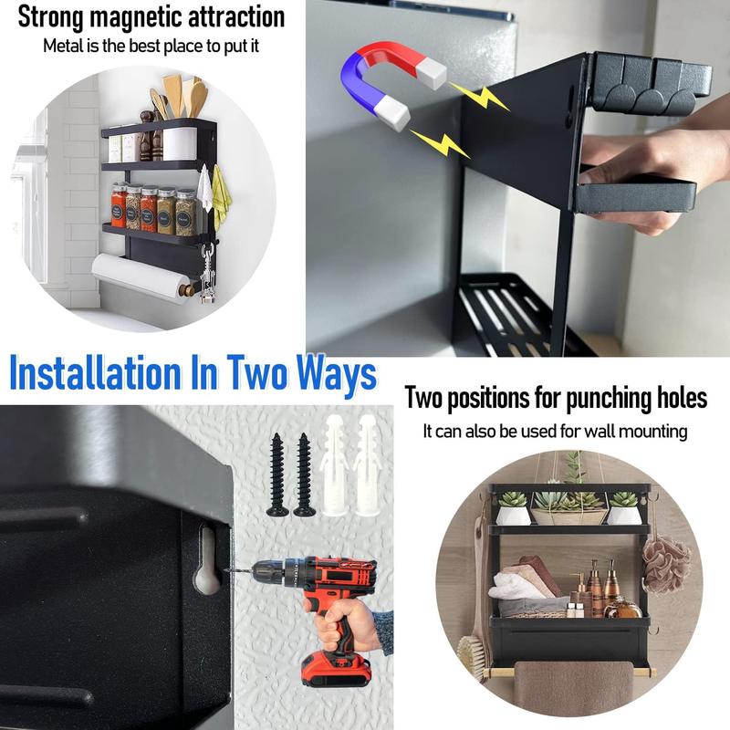 Magnetic Spice Rack for Refrigerator Magnetic Spice Rack with Paper Towel Holder with 2-Tier Shelf Spice Rack Strong Magnetic Backing with 3 Hooks for Kitchen Storage, Freezer,Grill Silver