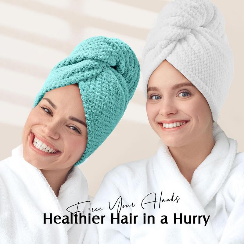 2 Pack Large Microfiber Hair Towel Wrap for Women, Thicken Super Absorbent Quick Dry Hair Turban for Drying Curly Long Thick Hair Anti Frizz, Hair Drying Towel with Button for Wet Hair