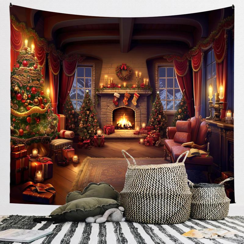 Christmas Fireplace Pattern Tapestry, 1 Count Wall Hanging Background Tapestry, Wall Decor for Home Living Room Bedroom, Home Decor, Room Decor, Christmas Decor Supplies