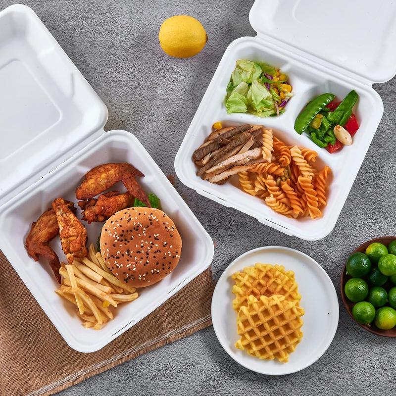 50 Pack Clamshell Take Out  Containers,  Compostable Disposable To Go Containers, 8X8 Heavy-Duty To Go Boxes,Disposable Tableware