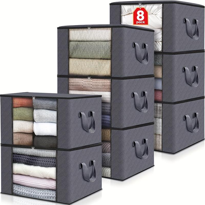 8 Pack Clothes Storage, Foldable Blanket Storage Bags, Storage Containers For Organizing Bedroom, Closet, Clothing, Comforter, Organization And Storage With Lids And Handle, Grey