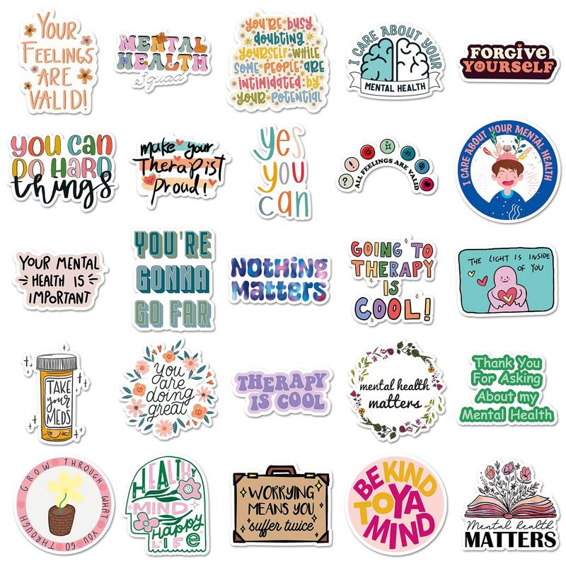 Mental Health Slogan Sticker, 50pcs set Waterproof Self Adhesive Decor Paper, Decor Sticker for Gift Greeting Card Water Bottle Laptop Phone