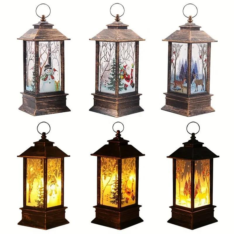 Christmas Themed Lantern (3 Counts set), Battery Powered Rotating Twinkling Lantern, Tabletop Decoration for Home Party Festival