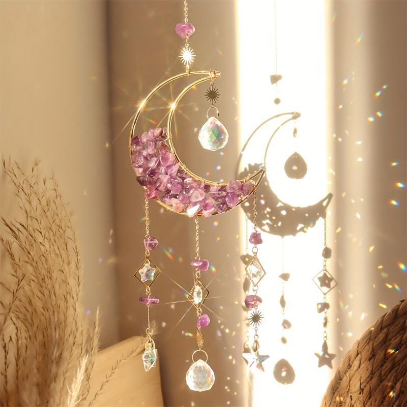 Crystal Sun Catcher, 1 Count Colorful Moon Design Hanging Ornament, Hanging Decor for Home Living Room Bedroom, Home Decor, Room Decor