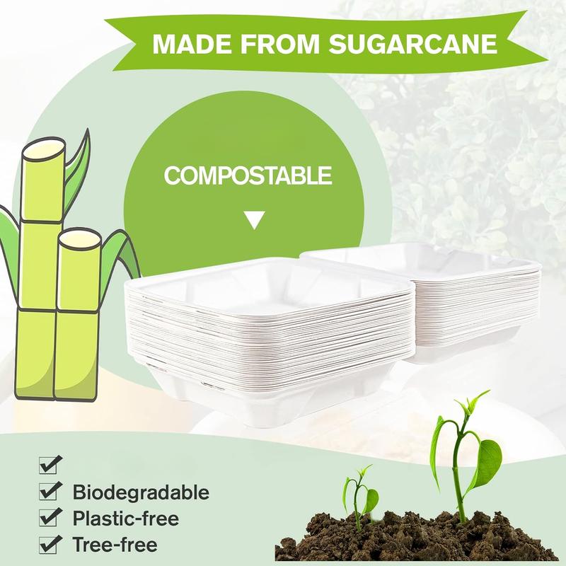 50 Pack Clamshell Take Out  Containers,  Compostable Disposable To Go Containers, 8X8 Heavy-Duty To Go Boxes,Disposable Tableware