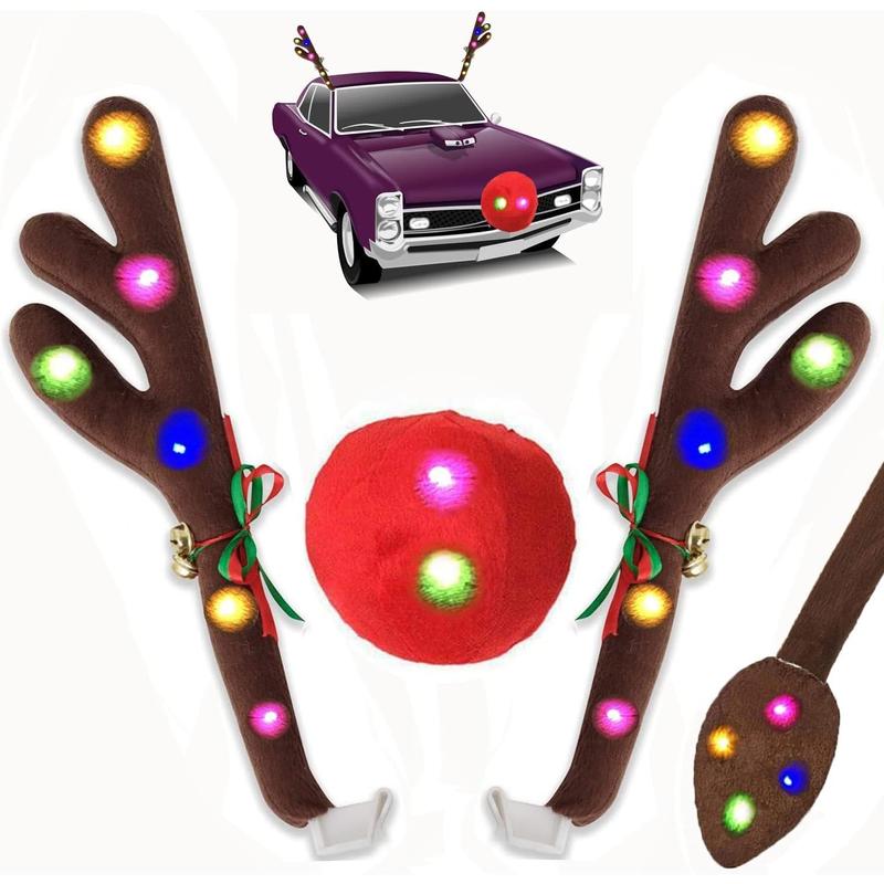 Christmas Car Reindeer Antlers Decoration Kit with LED Lights, Vehicle Xmas Decorations Auto Decoration Reindeer Kit with Jingle Bells Rudolph Reindeer, Red Nose, Tail Suitable for Any Cars