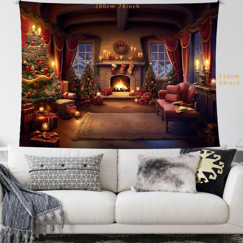 Christmas Fireplace Pattern Tapestry, 1 Count Wall Hanging Background Tapestry, Wall Decor for Home Living Room Bedroom, Home Decor, Room Decor, Christmas Decor Supplies