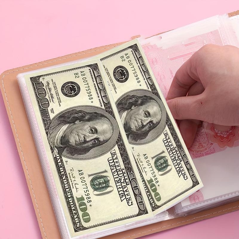 1 banknote storage book, made of PU material, can accommodate 100 banknotes, with banknote photos, stamps, bank card storage book 1A6 large capacity cash storage notebook with 50pcs inside