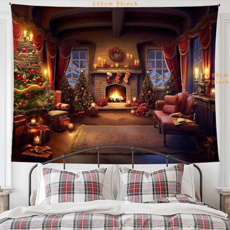 Christmas Fireplace Pattern Tapestry, 1 Count Wall Hanging Background Tapestry, Wall Decor for Home Living Room Bedroom, Home Decor, Room Decor, Christmas Decor Supplies