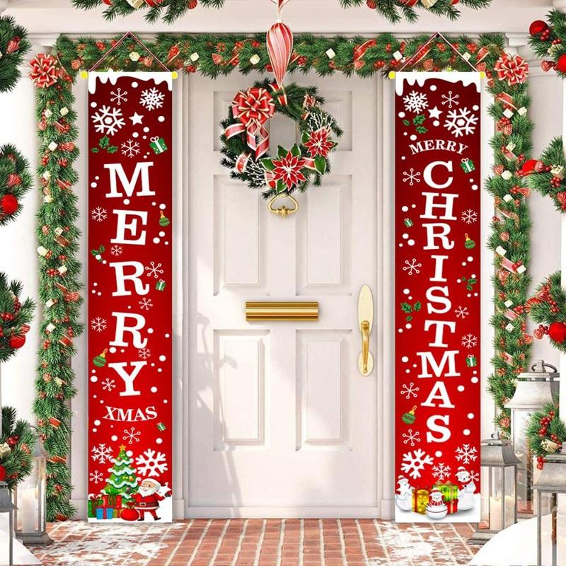 Christmas Themed Door Banner, 2 Counts set Merry Christmas Door Hanging Banner, Outdoor & Indoor Decoration for Front Porch, Patio, Garage & Home