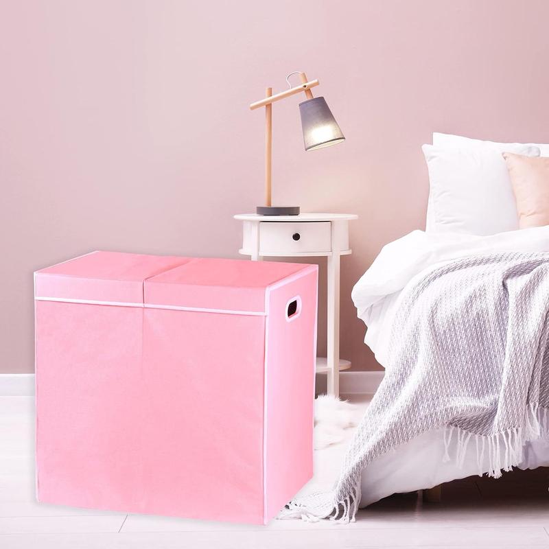 Double Laundry Hamper with Lid and Removable Bags, Pink