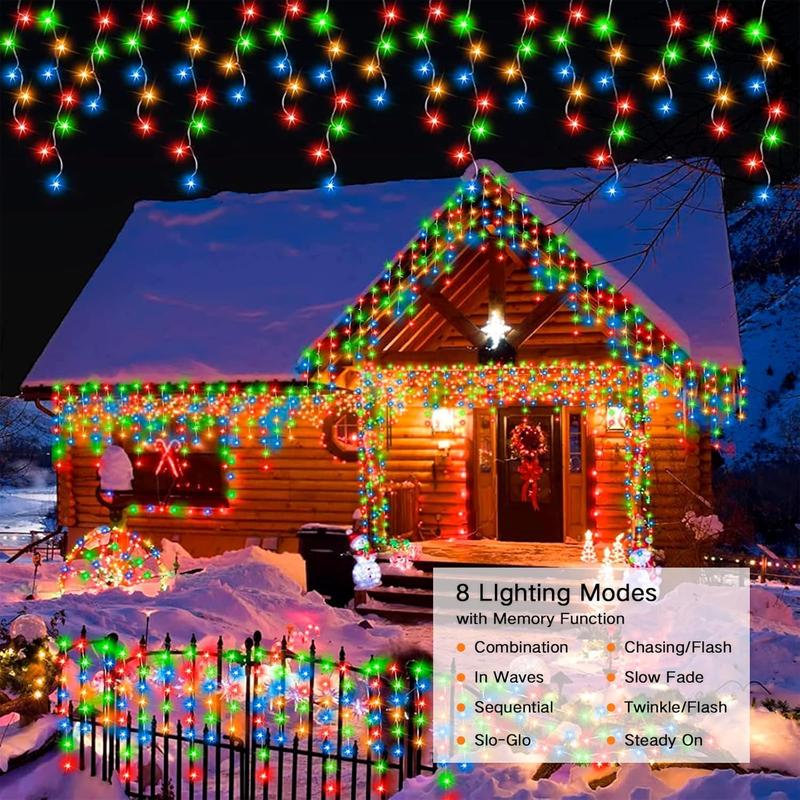 Christmas Icicle Lights, 60FT 600LEDs Solar Icicle Lights, 8 Modes Waterproof Multicolor Christmas Light for Party, Holiday, Christmas Decoration(Multicolor)