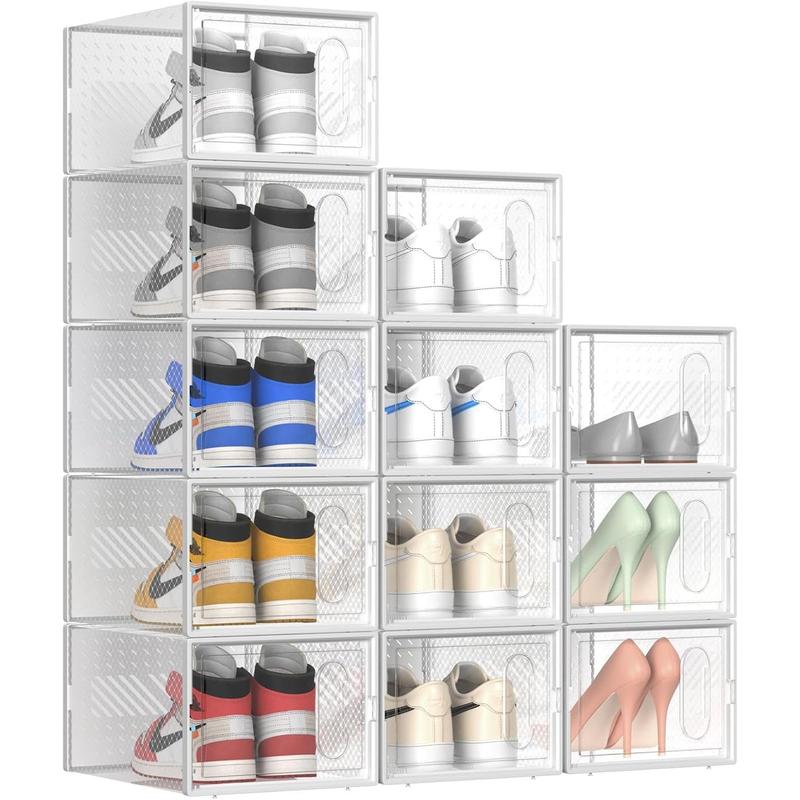 X-Large 12 Pack Shoe Storage Box with Magnetic Door, Fit up to Size 13, Clear Plastic Stackable Shoe Organizer for Closet, Connect Left and Right Shoe Containers Bins for Entryway, Under Bed x-large shoe shoe storage