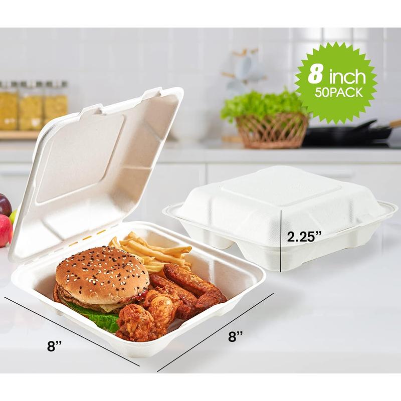 50 Pack Clamshell Take Out  Containers,  Compostable Disposable To Go Containers, 8X8 Heavy-Duty To Go Boxes,Disposable Tableware