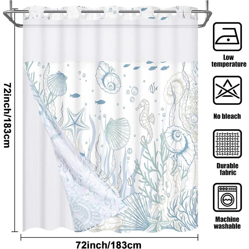 No Hook Shower Curtain with Snap in Liner Seashell Beach Shower Curtain Fabric Waterproof Inner Liner Themed Shower Curtains for Bathroom Decor shower curtain