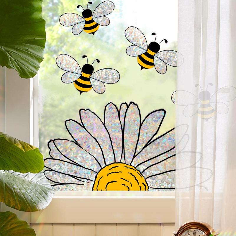 Daisy & Bee Pattern Static Cling Window Sticker, Window Decal, Decorative Window Cling for Home Decor, Room Decor