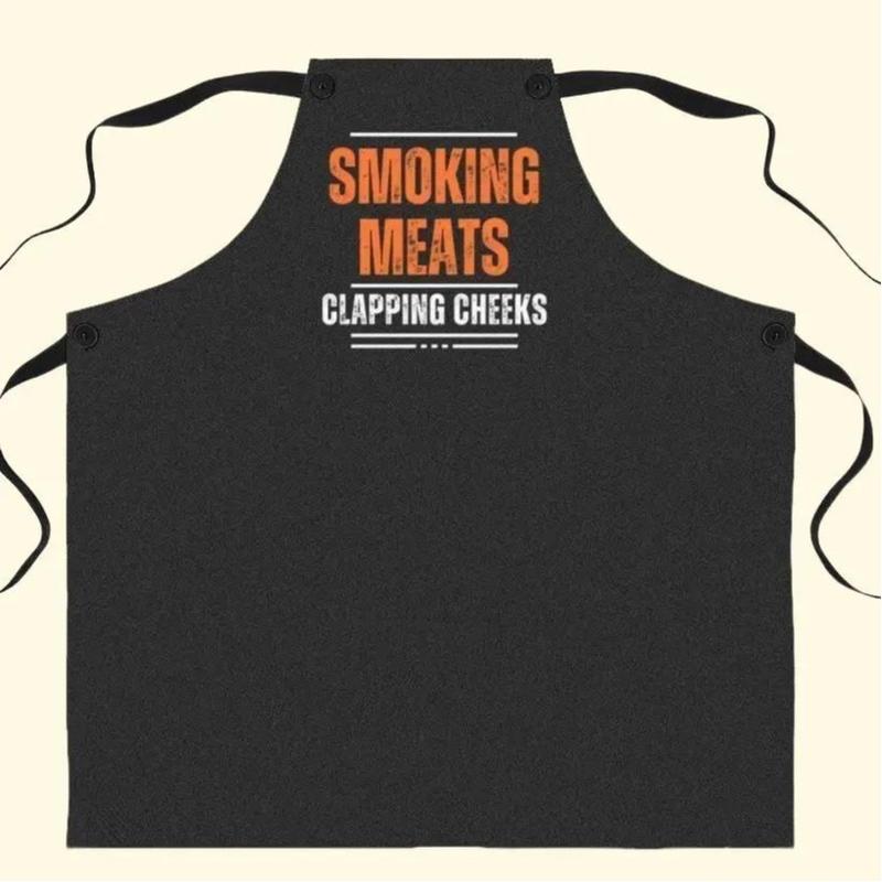 Funny Mens Apron, Smoking Meats Apron, Clapping Cheeks BBQ Apron, Gift for Him, Black Apron Adjustable Adjustable Print