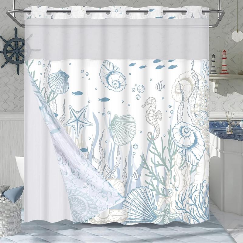 No Hook Shower Curtain with Snap in Liner Seashell Beach Shower Curtain Fabric Waterproof Inner Liner Themed Shower Curtains for Bathroom Decor shower curtain