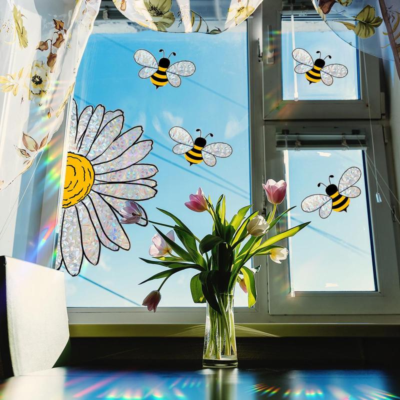 Daisy & Bee Pattern Static Cling Window Sticker, Window Decal, Decorative Window Cling for Home Decor, Room Decor